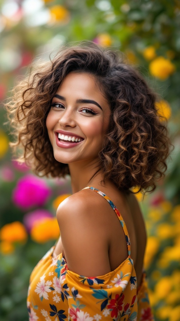 A woman with a curly medium bob hairstyle, smiling brightly in a floral dress against a colorful background of flowers.