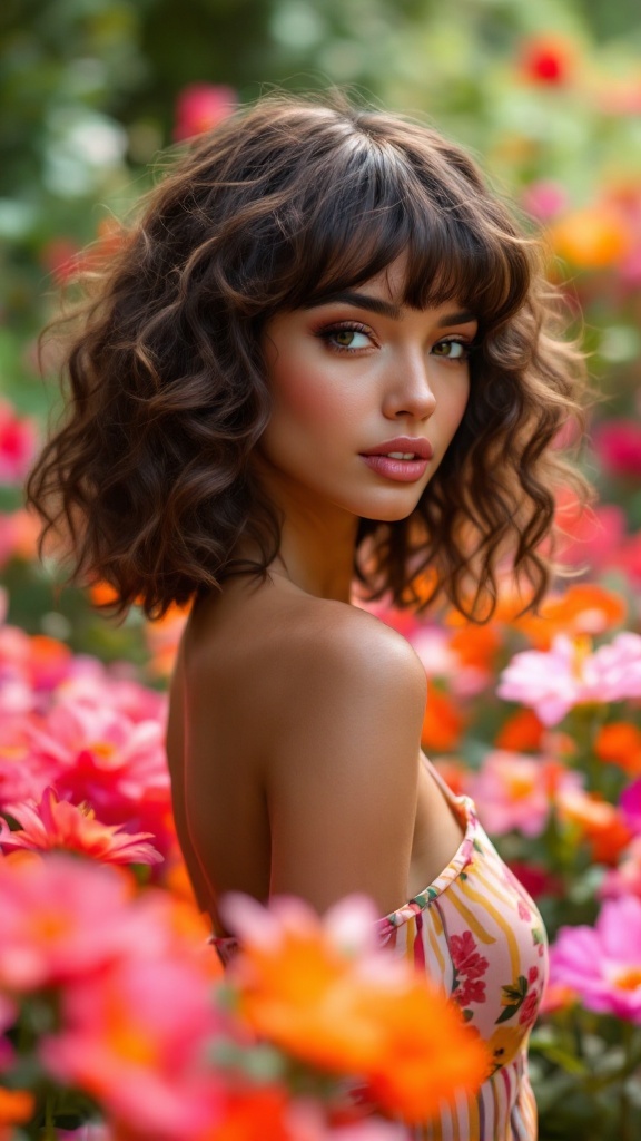 A woman with curly medium length hair and short bangs, surrounded by colorful flowers.