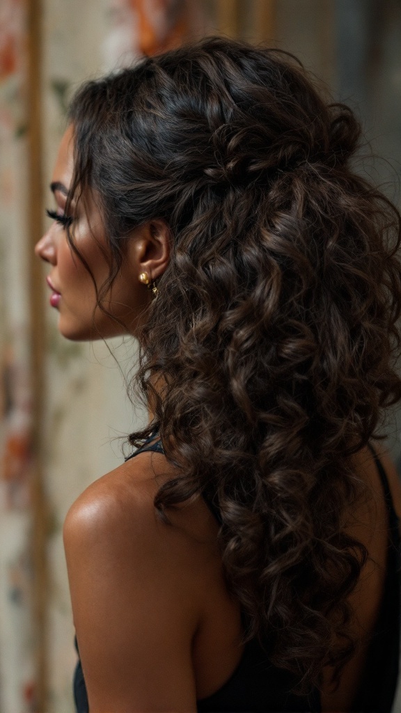 A stylish curly messy ponytail hairstyle with volume.