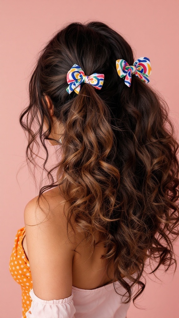 A person with medium curly hair styled in pigtails, adorned with colorful bows, against a pink background.