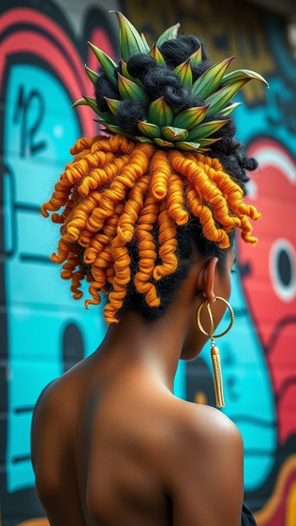 A stylish curly pineapple puff hairstyle with a vibrant orange color and green accents, set against a colorful background.