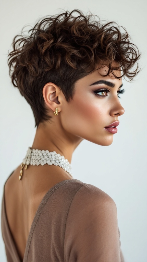 A woman with a curly pixie cut, showcasing defined curls and a stylish look.