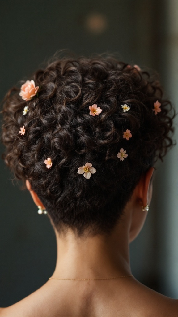 A woman with a curly pixie hairstyle decorated with small floral accents.