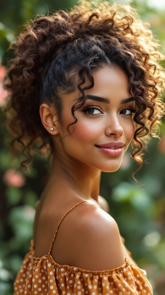 A woman with curly hair styled in a high ponytail, smiling and surrounded by greenery.