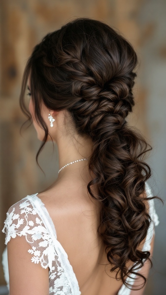 Curly ponytail with braided detail and lace dress
