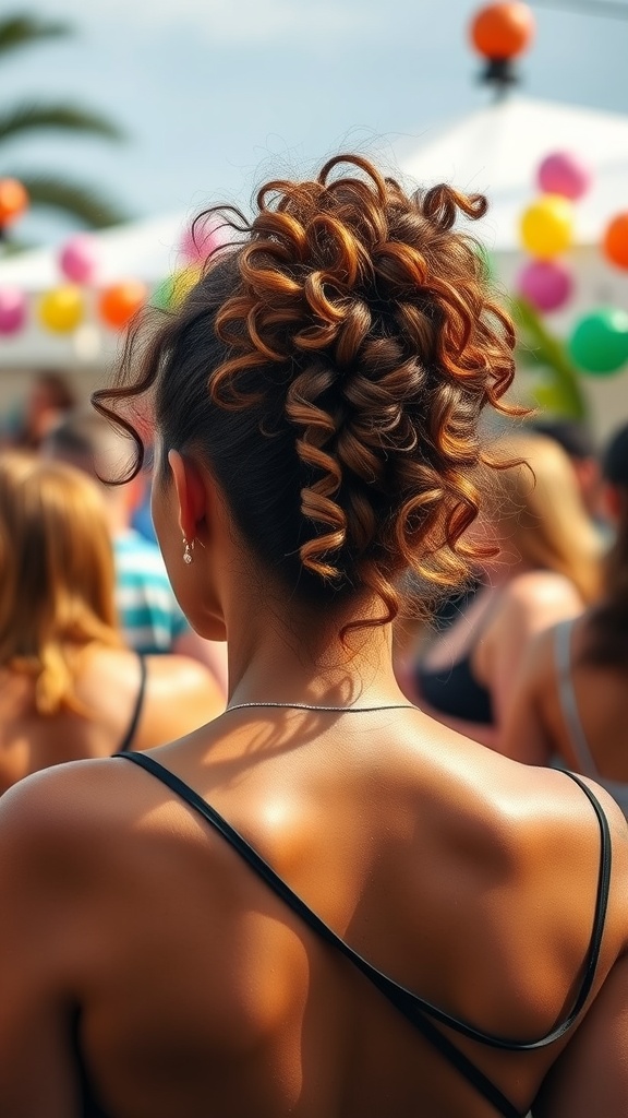 A woman with curly ponytail hairstyle, viewed from the back, enjoying a festive event.