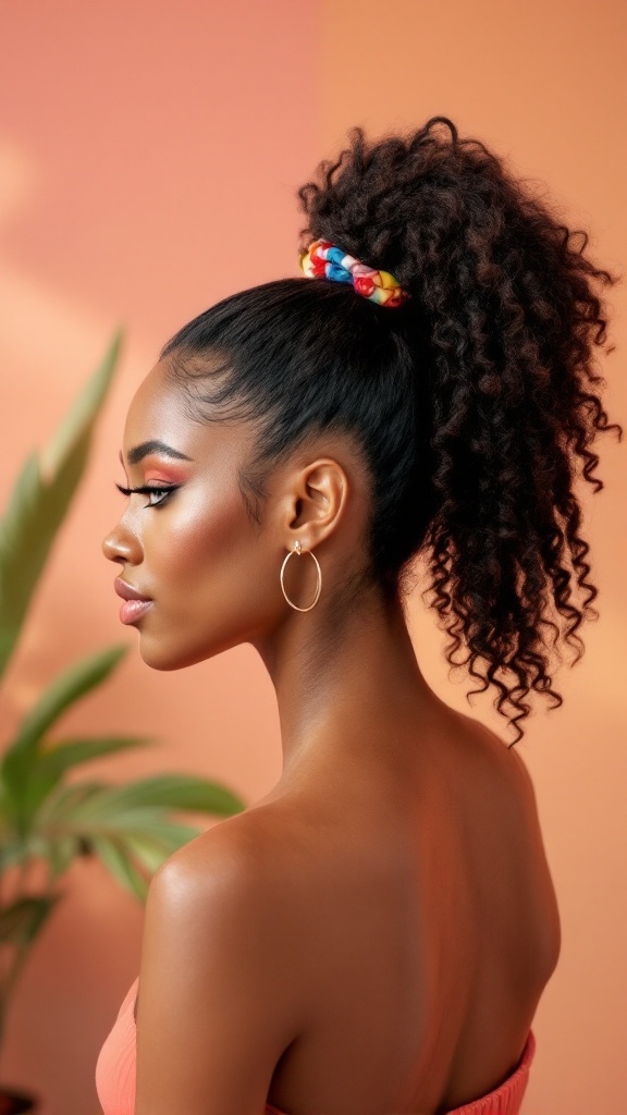 A woman with medium-length curly hair styled in a high ponytail, featuring a colorful scrunchie.