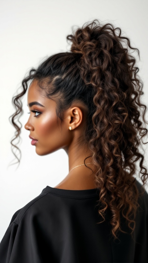 A woman with a curly ponytail and volume at the crown, showcasing a stylish hairdo.