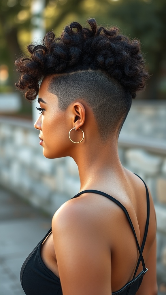 A close-up profile view of a person with curly hair on top and shaved sides, showcasing a stylish hairstyle.