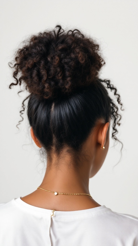 A woman with a curly top knot hairstyle, showcasing voluminous curls gathered at the top of her head.