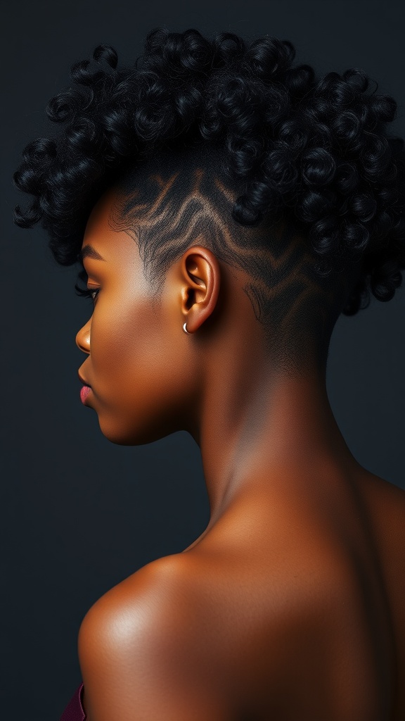 A black woman with a curly undercut hairstyle featuring well-defined curls on top and shaved sides with designs.