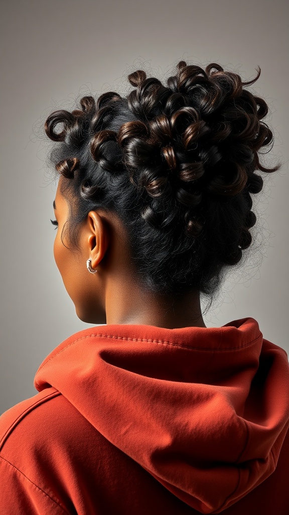 A woman with curly hair styled in an updo, wearing a red hoodie.