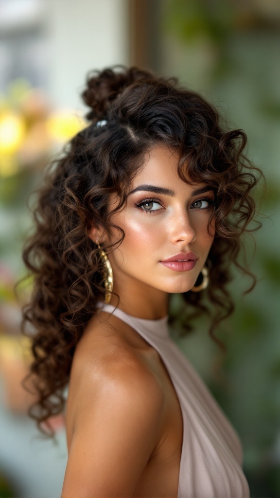 A woman with curly hair styled in a playful updo, wearing a halter neck dress.