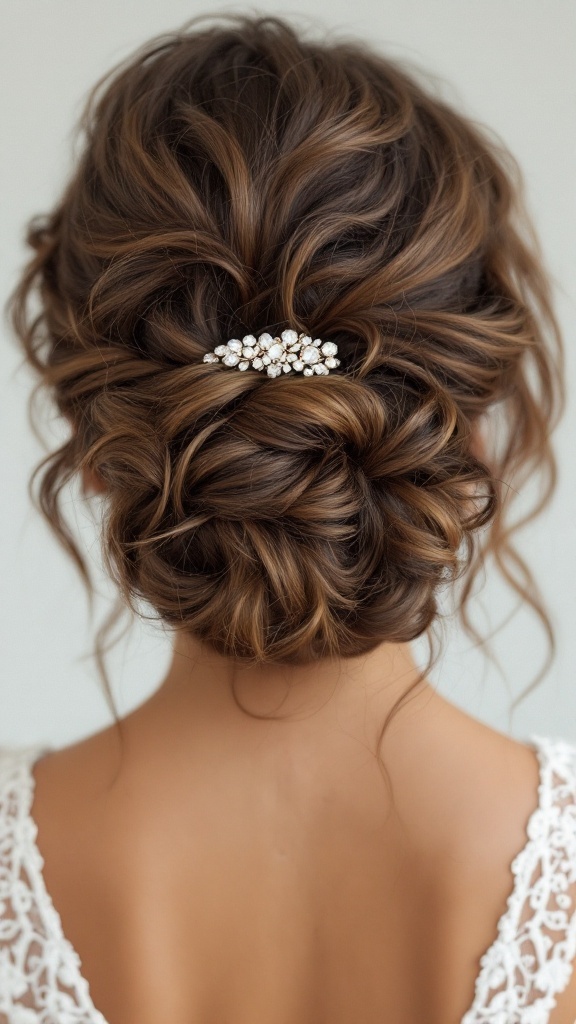 A beautiful curly updo hairstyle with a statement clip, ideal for wedding guests.
