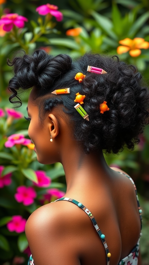 A woman with a curly updo hairstyle decorated with colorful pins, set against a vibrant floral background.