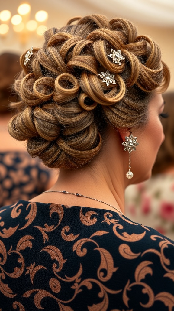 A curly updo hairstyle with decorative pins, showcasing elegance and sophistication.