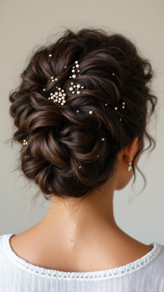 A stylish curly updo decorated with small pins, viewed from the back.
