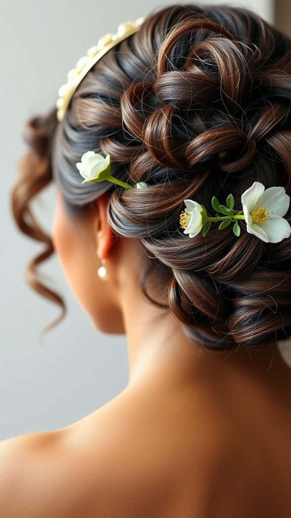 A close-up of a curly updo adorned with a floral headband, showcasing soft curls and delicate flowers.