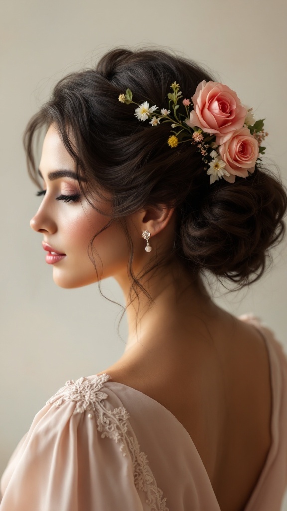 A woman with curly updo hairstyle adorned with fresh pink roses and white flowers.