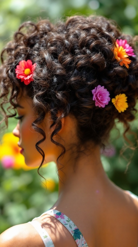 Curly updo hairstyle adorned with colorful flowers