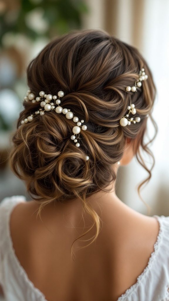 Curly updo hairstyle adorned with pearls, seen from the back.
