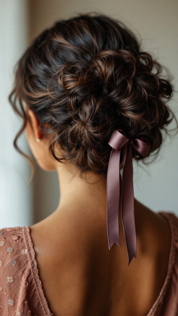 Curly updo hairstyle with ribbon ties for bridesmaids, featuring soft curls and a romantic look.