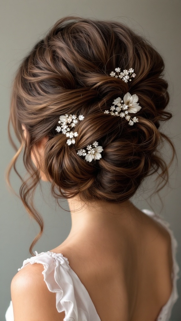 Curly updo hairstyle with sparkly clips adorned with flowers.