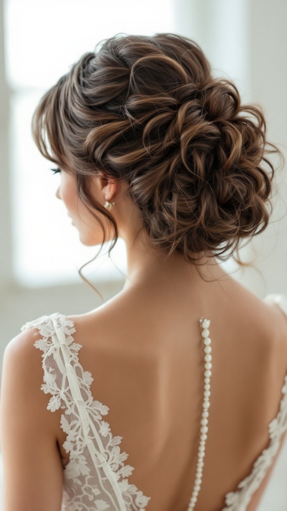 A curly updo hairstyle with vintage bangs, showcasing elegance and retro style.