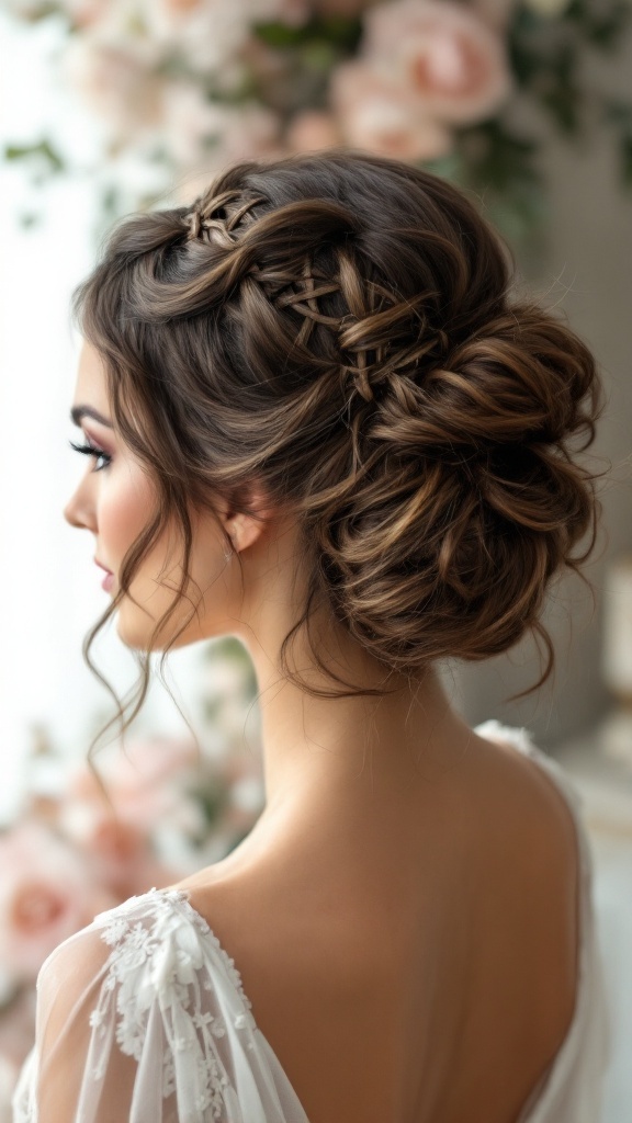 A bride with a curly wedding bun featuring a lattice effect, elegant and romantic hairstyle.