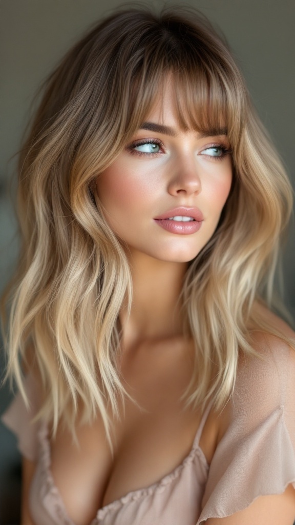 A woman with medium length layered hair and curtain bangs, looking stylish and fresh.