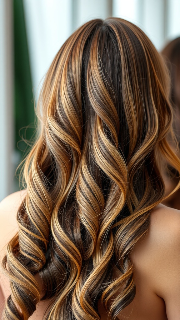 A close-up of hair featuring curtain bangs and long, flowing waves with warm highlights.