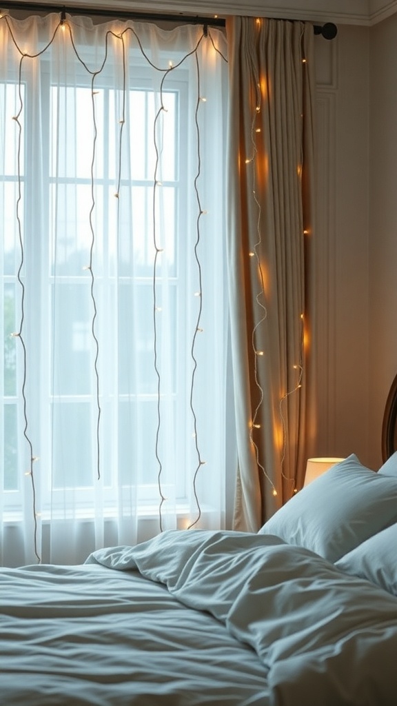 A bedroom with fairy lights hanging as a curtain, creating a cozy and dreamy atmosphere.