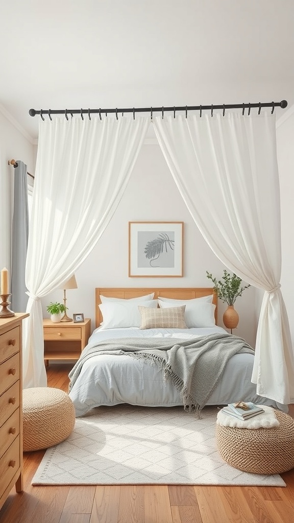 Bedroom with a curtain rod canopy made of light curtains hanging above the bed