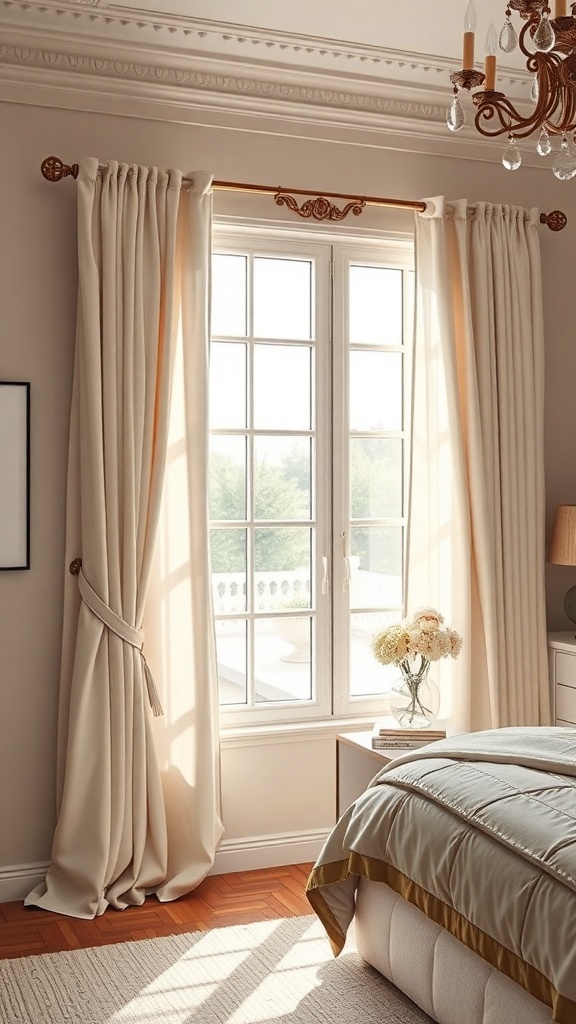 A beautifully decorated bedroom featuring elegant curtains and a decorative curtain rod.