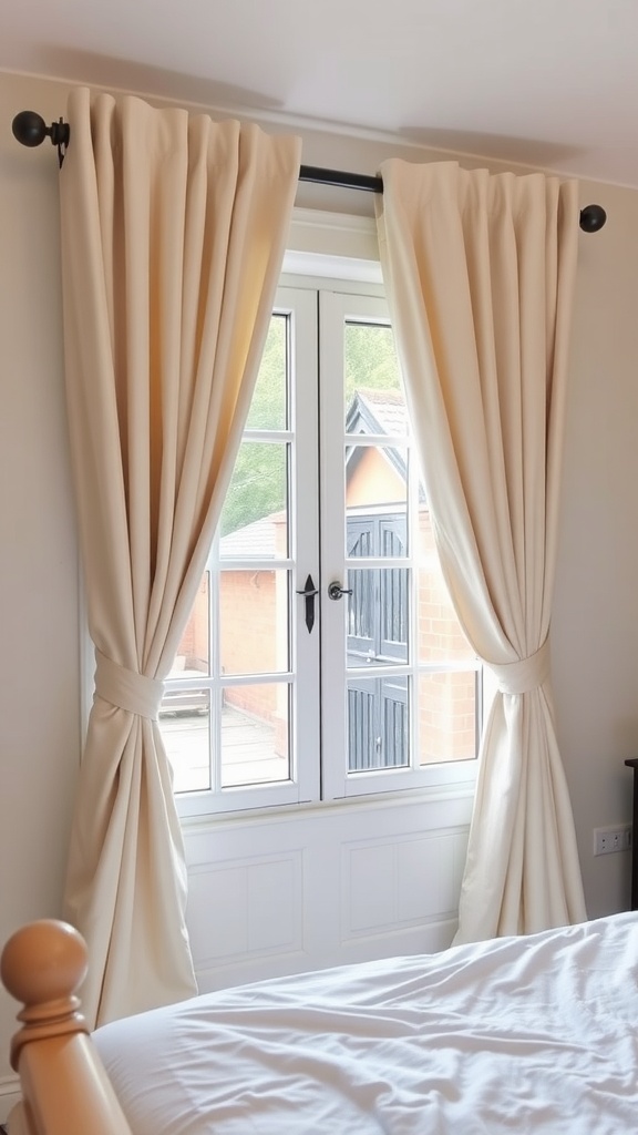 A cozy bedroom featuring cream-colored curtains tied back, allowing natural light to enter through a window.