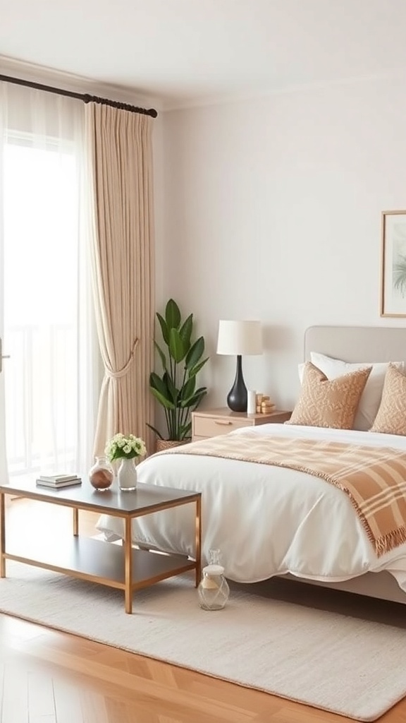 A cozy living room with light-colored curtains and stylish tiebacks.