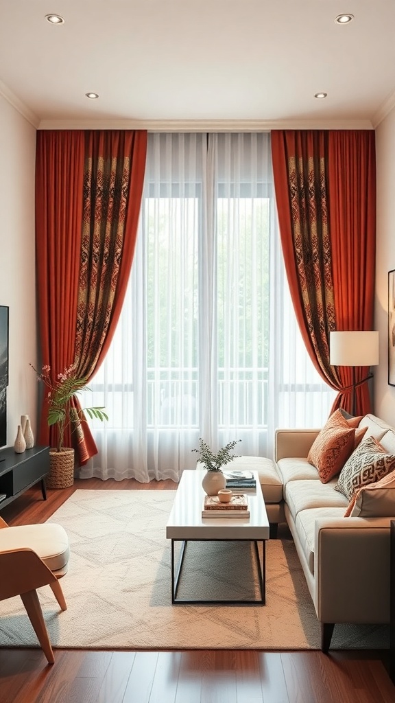 A stylish living room featuring vibrant orange curtains with a patterned design, complemented by sheer white curtains, a cozy sofa, and a modern coffee table.