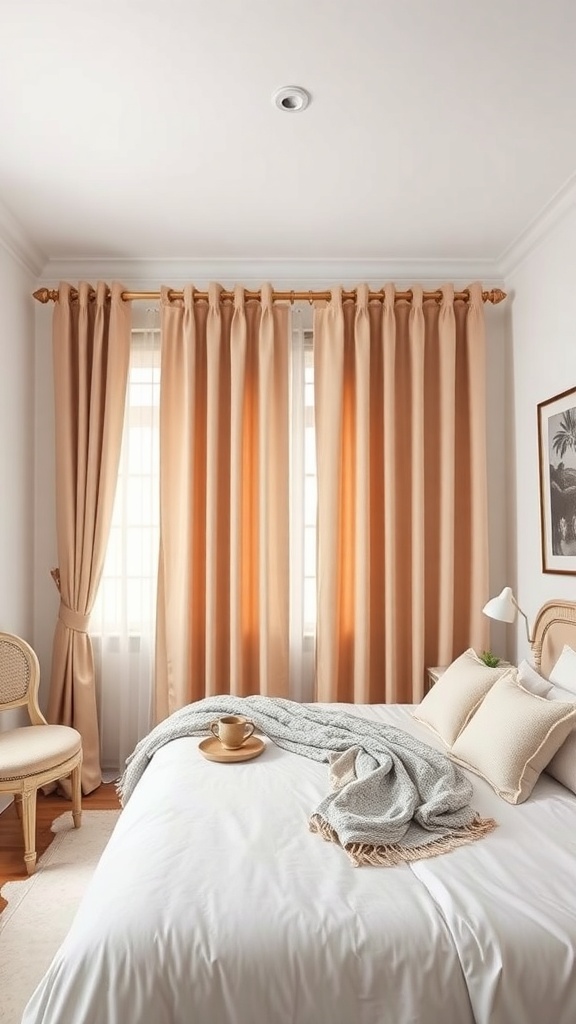 Cozy bedroom with soft peach and cream curtains, a white bed, and a small chair.