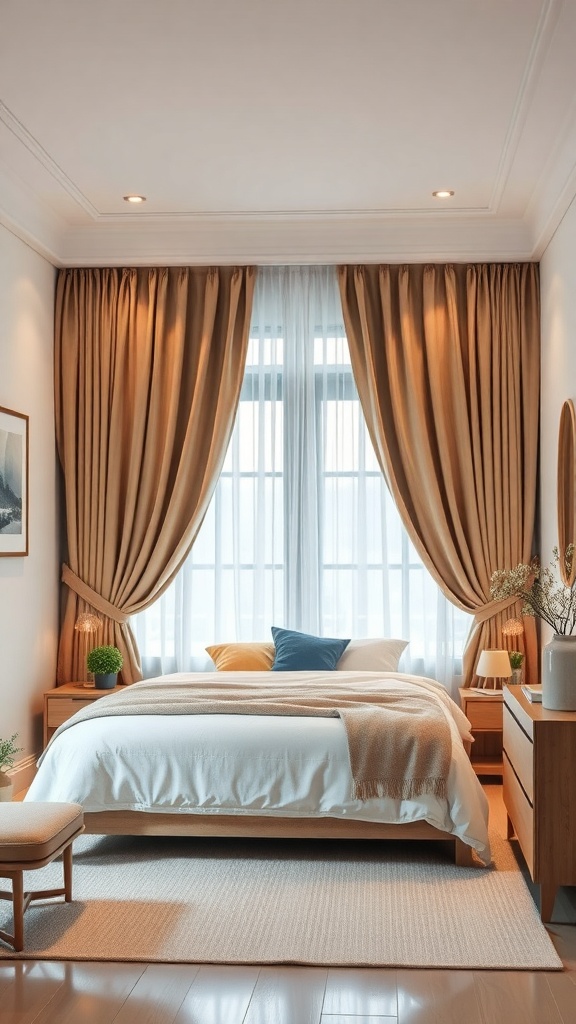 A cozy bedroom with layered curtains, featuring sheer and solid fabrics that enhance privacy and style.
