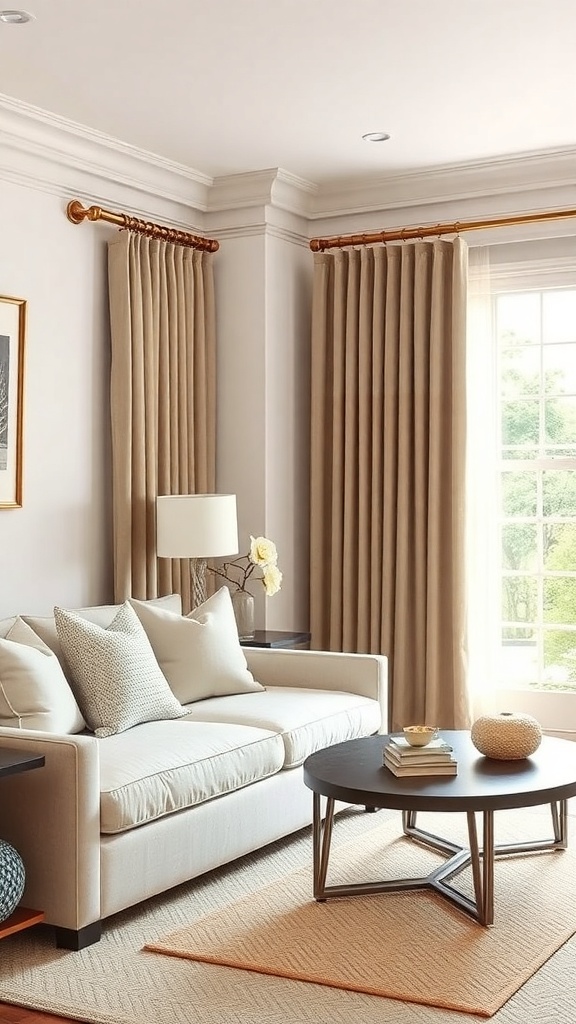 A cozy living room with beige curtains hanging from a decorative gold rod, complemented by a neutral sofa and a round coffee table.