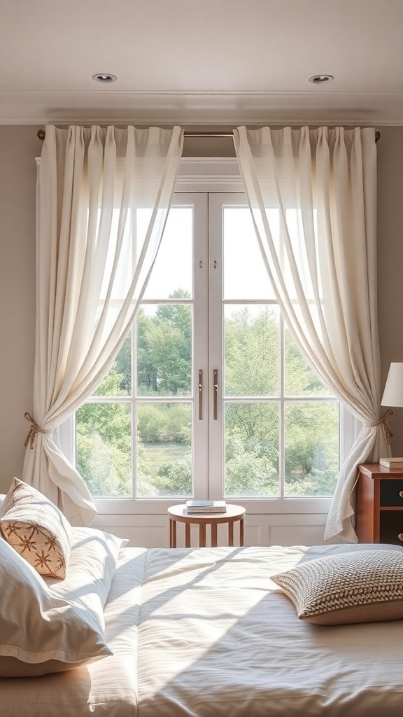 Bright bedroom with light-colored curtains tied back, showcasing a view outside.