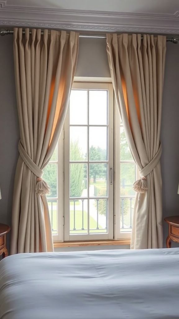 Elegant beige curtains with tiebacks framing a window in a bedroom