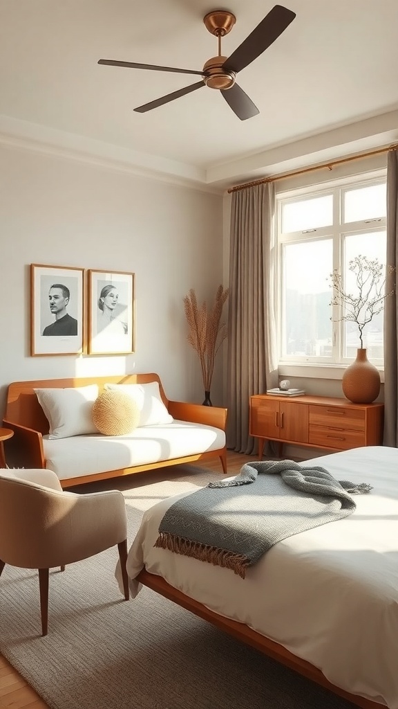 A mid-century modern bedroom featuring curved furniture, including a sofa and armchair, with soft colors and warm wood tones.