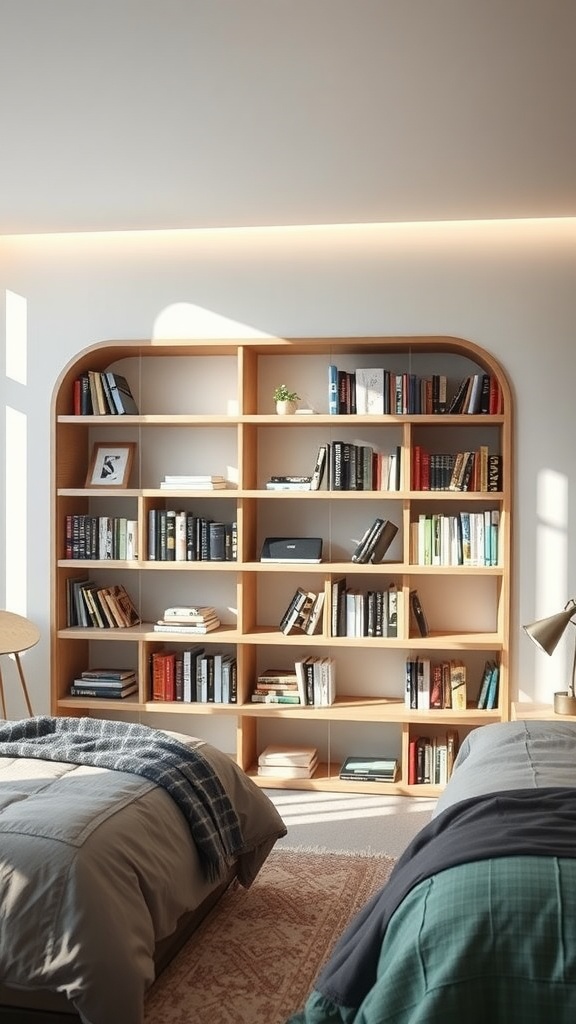 A modern bedroom featuring a unique curved bookshelf filled with books and decor.