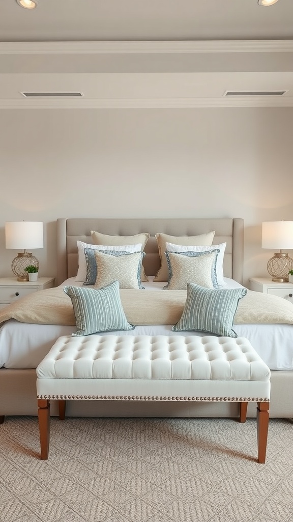 A cozy bedroom featuring a cushioned bench with side tables at the end of the bed.