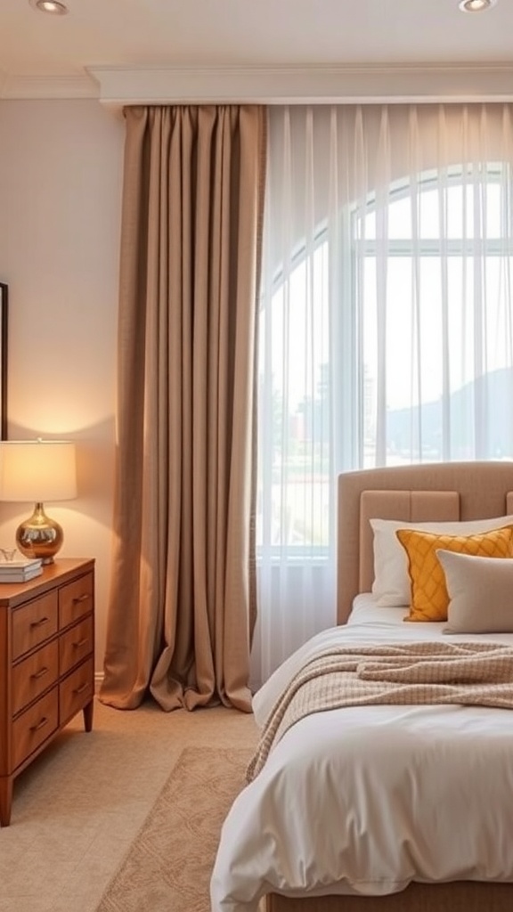 A cozy bedroom featuring custom-made curtains in beige and sheer fabric, with a wooden nightstand and warm lighting.