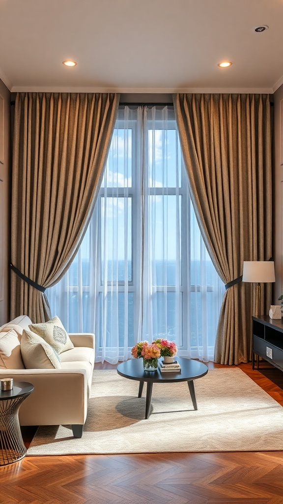 A stylish living room with custom-made curtains framing a large window, featuring a cozy sofa and a coffee table.