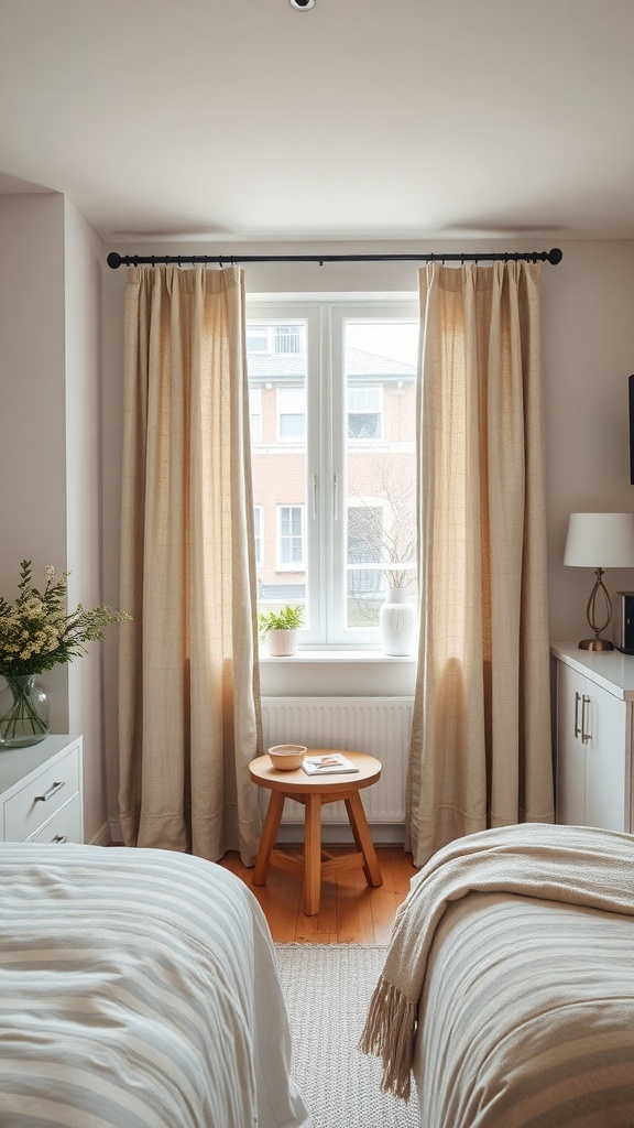 A cozy kitchen with neutral custom-made curtains framing a window, soft lighting, and a simple wooden table.