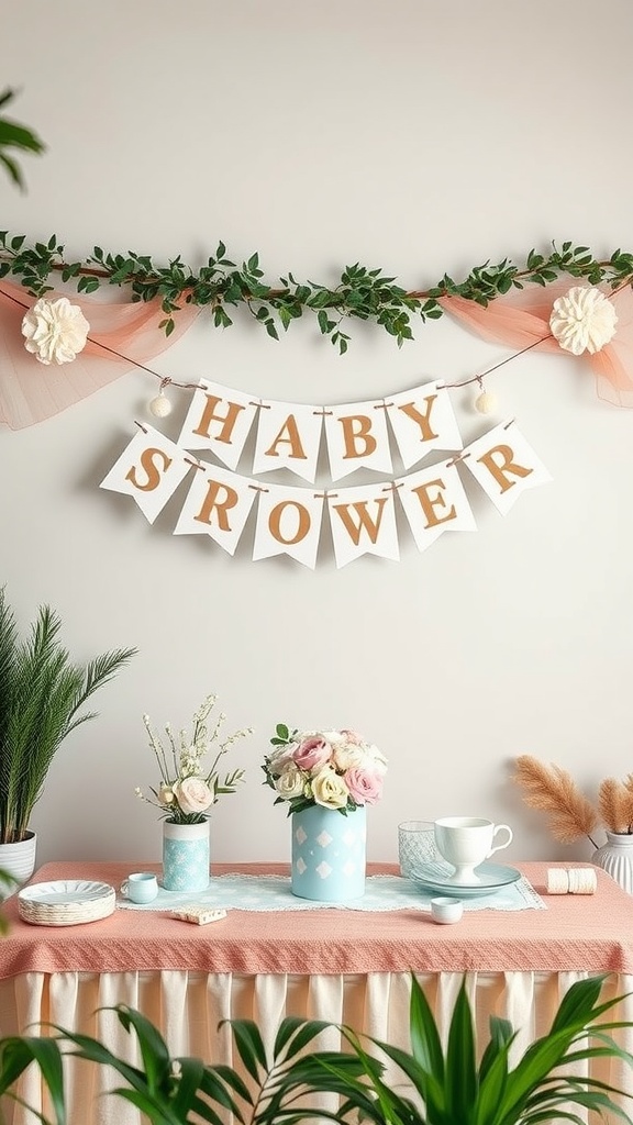 A decorative baby shower banner reading 'BABY SHOWER' adorned with greenery and soft fabrics.