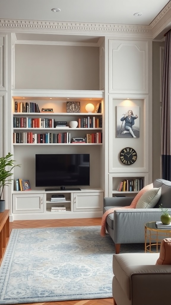 A modern living room featuring custom built-in bookshelves filled with books and decorations, a TV, and cozy furniture.